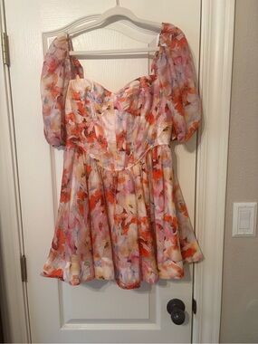 Bardot Floral Puff-Sleeve Mini Dress in Coral and Pink